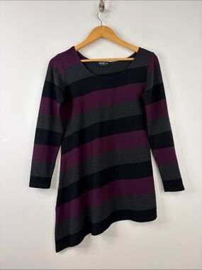 Miik Top Womens Medium Black Gray Purple Stripe Jersey Round Neck Tunic Top